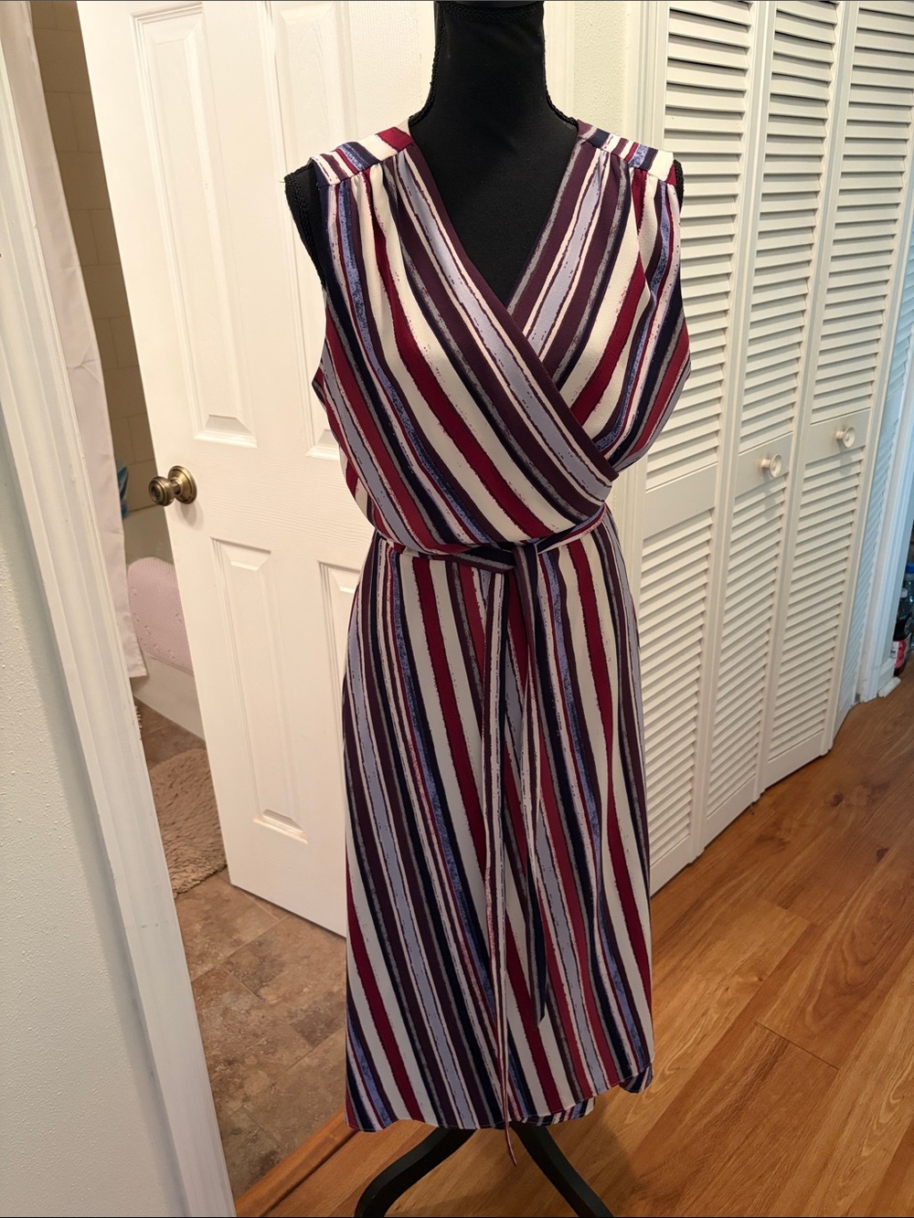 Alex Marie Cassie Striped Sleeveless Wrap Dress in Burgundy and Navy